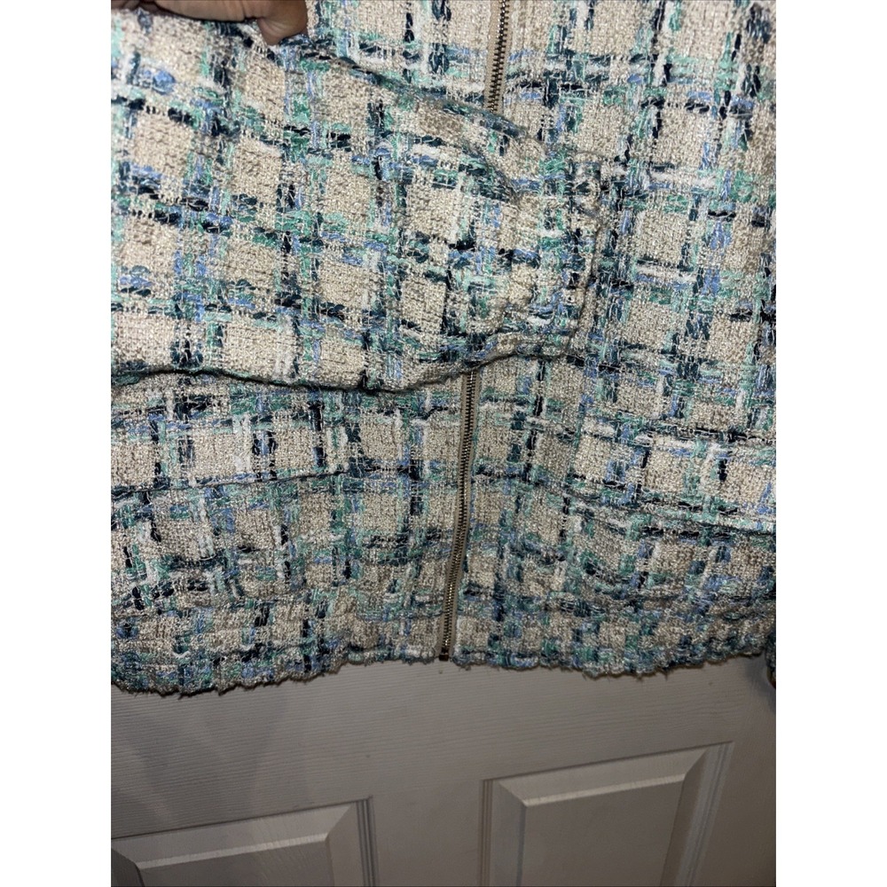 NWT Boston Proper XL Tweed Zip Bomber Lady Jacket Blue Green Cream Pockets - Picture 8 of 16